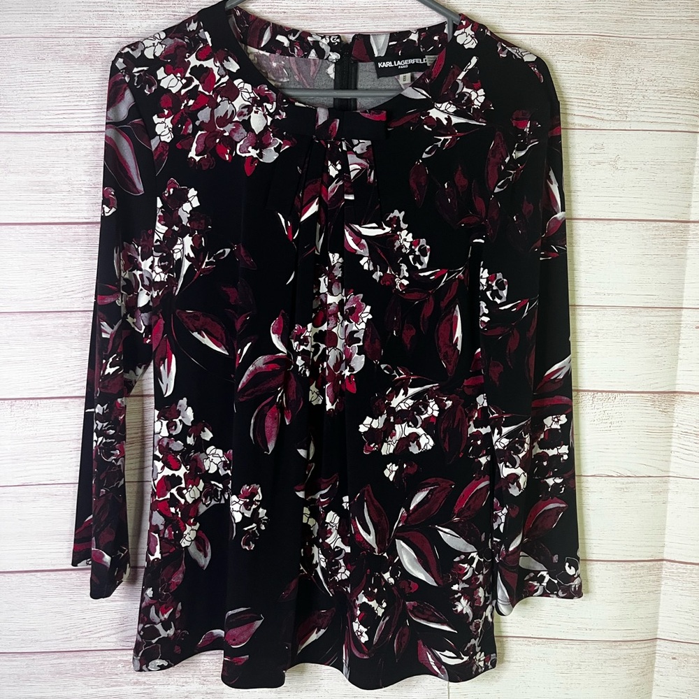 Karl Lagerfeld Paris Floral Print Bow Detail 3/4 Sleeves Blouse Size Medium